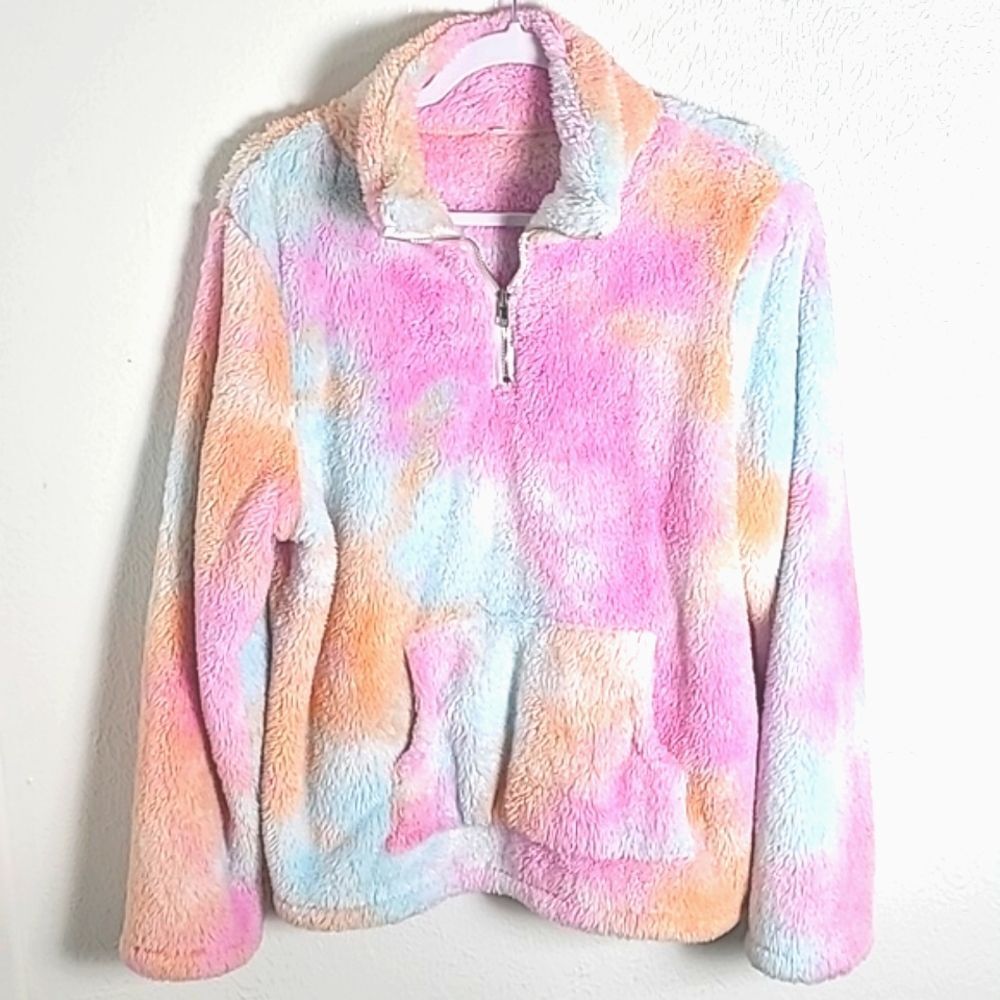 Pink, Orange, Blue Furry Pullover Jacket, Zipper Neckline, Handwarmers, Large